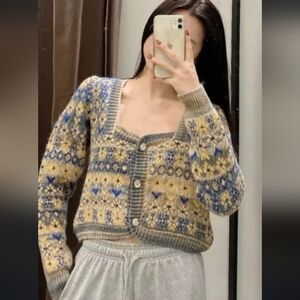 Zara Patterned Knit Cardigan Sweater.Sizr M Pit To Pit 19.5"